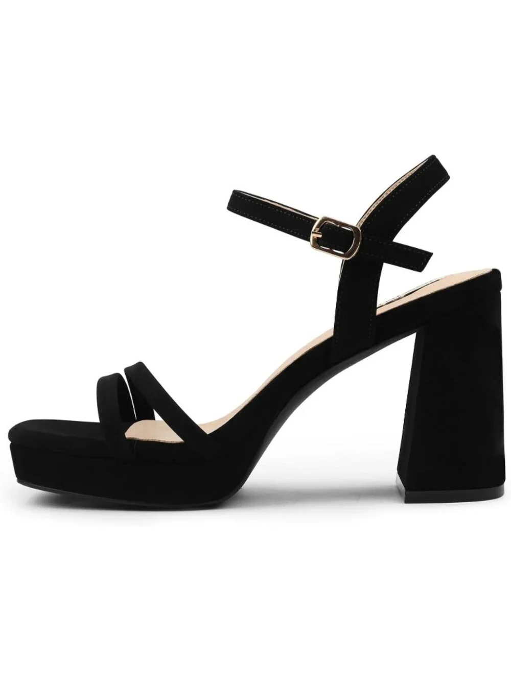 Women's Black Matte Ankle Strap Square Open Toe  Chunky Block Heel Dress Sandals